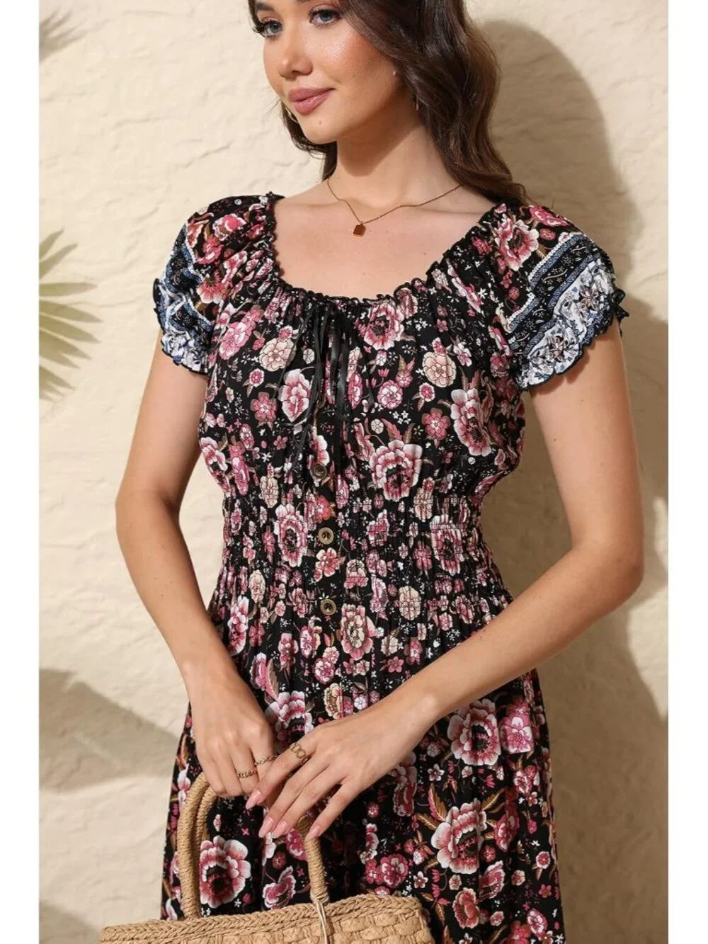 Women's Black Pink Floral Flowy Print Tiered Short Sleeves Summer Maxi Dress_4